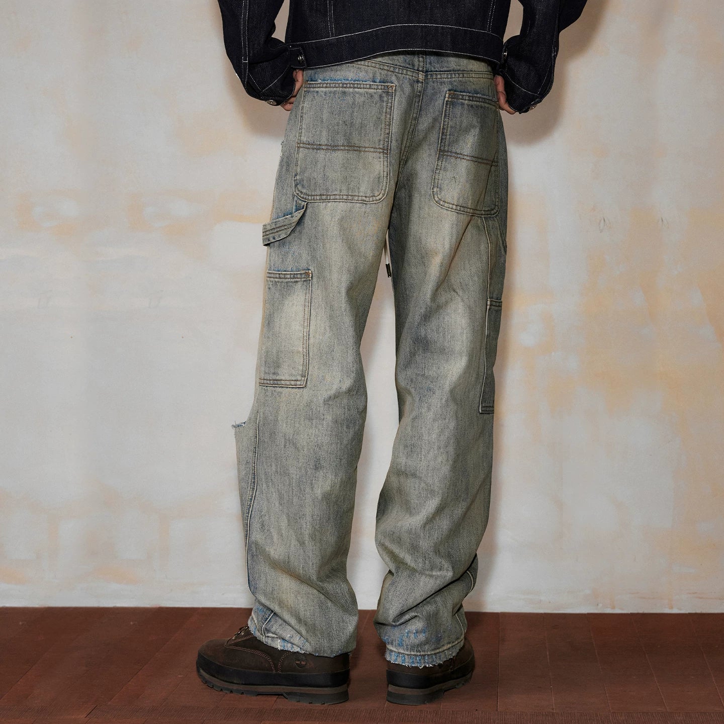 MEDM washed, rubbed, worn, M button casual jeans autumn and winter American street style multi pocket loose pants for men