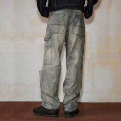MEDM washed, rubbed, worn, M button casual jeans autumn and winter American street style multi pocket loose pants for men