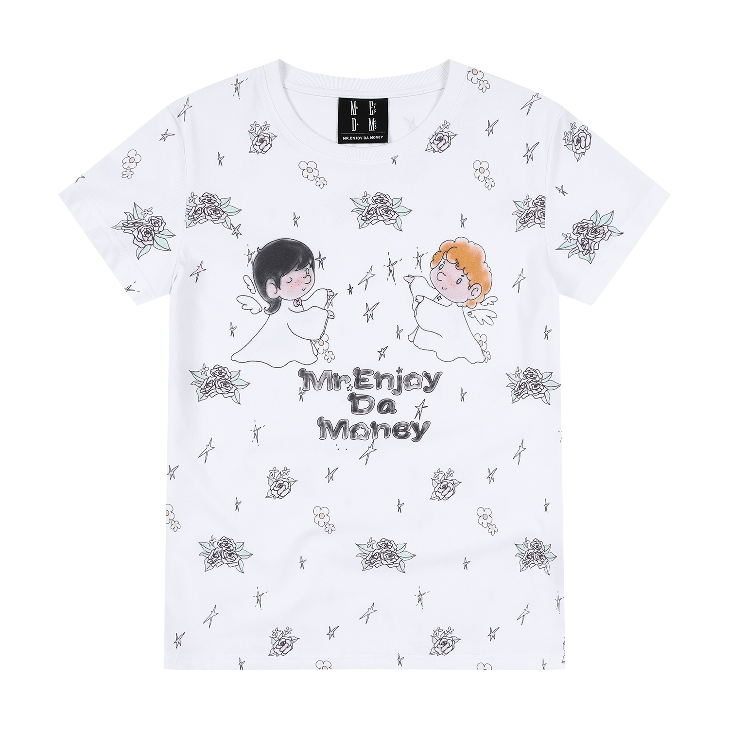 MEDM white floral wreath with little angel print casual round neck short sleeved shirt with full printed polka dot floral loose T-shirt for women, summer style