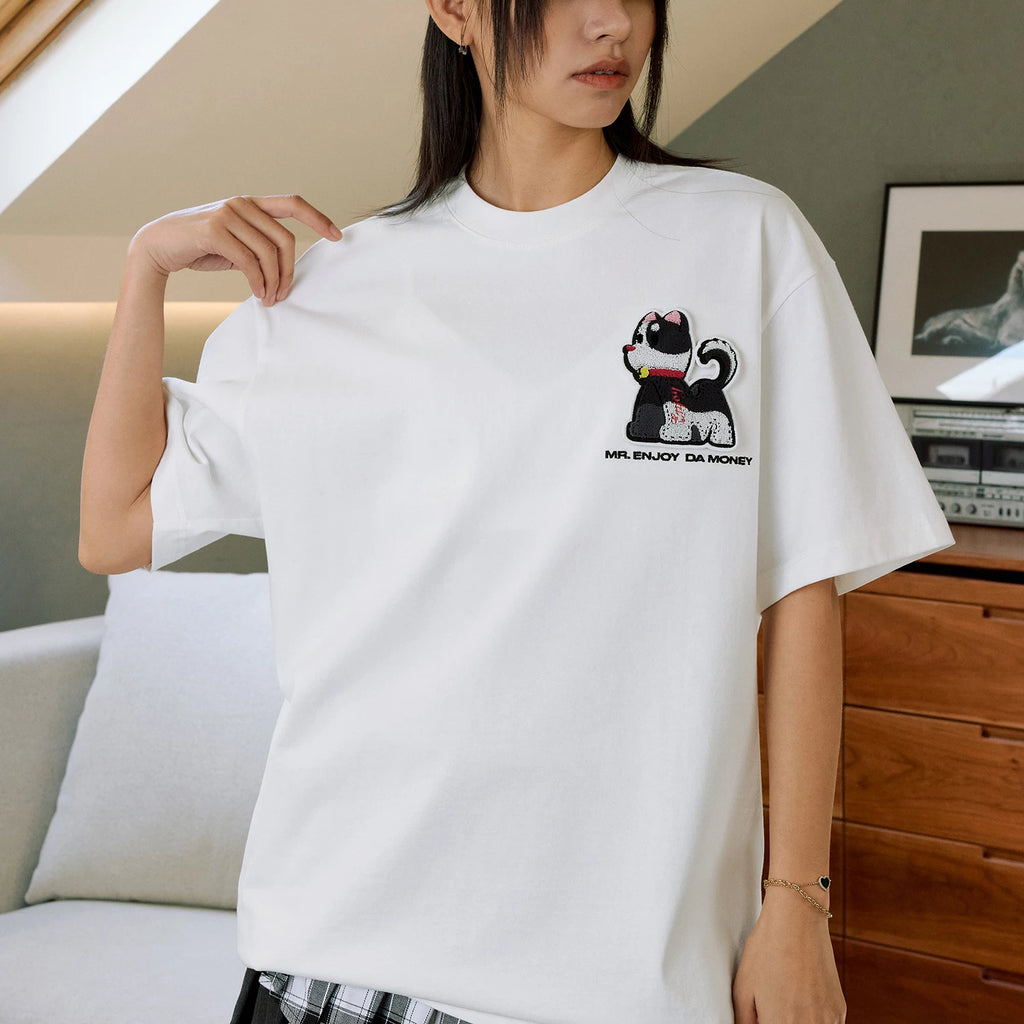 MEDM Pet Kitten Toothbrush Embroidery Velcro Short Sleeve Casual T-shirt Simple and Versatile for Men and Women Couple Short Tee