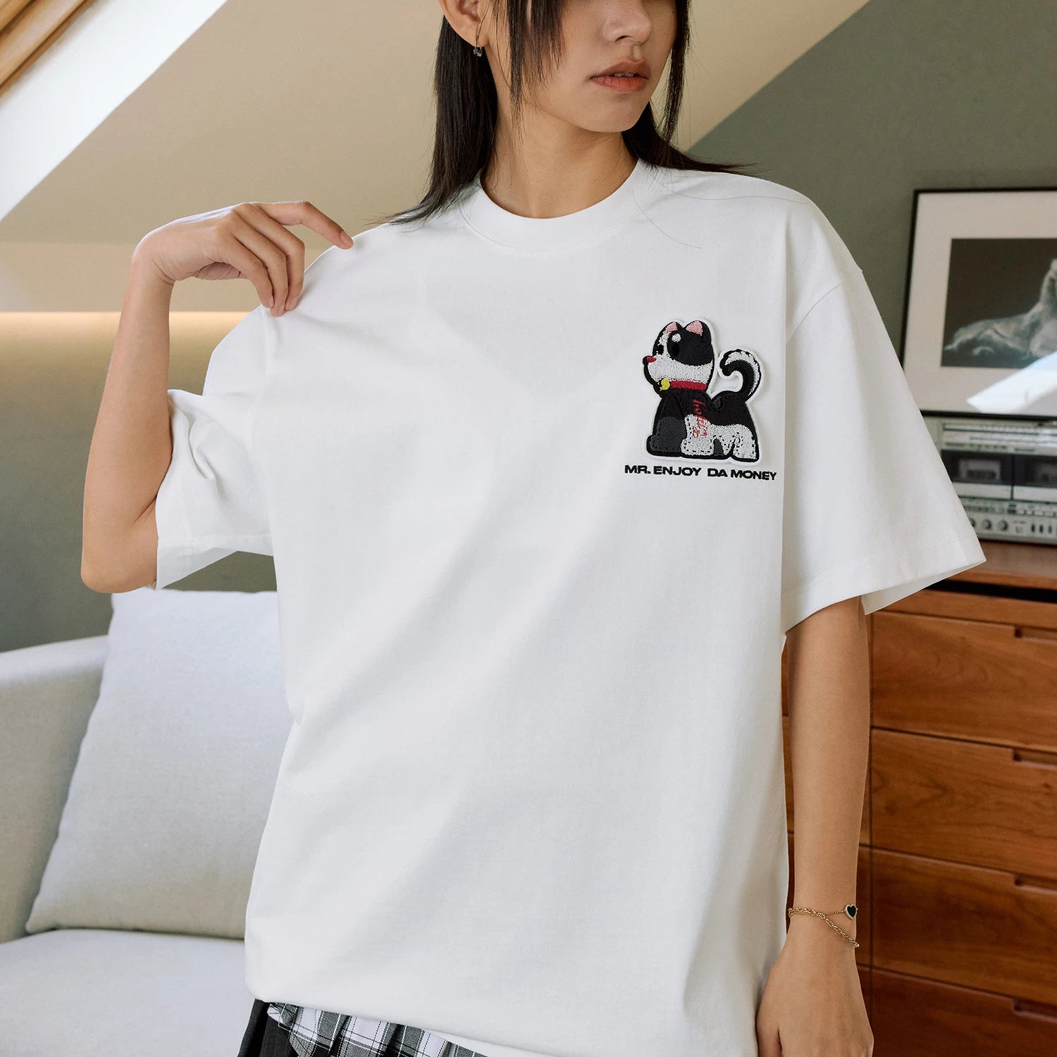 MEDM Pet Kitten Toothbrush Embroidery Velcro Short Sleeve Casual T-shirt Simple and Versatile for Men and Women Couple Short Tee