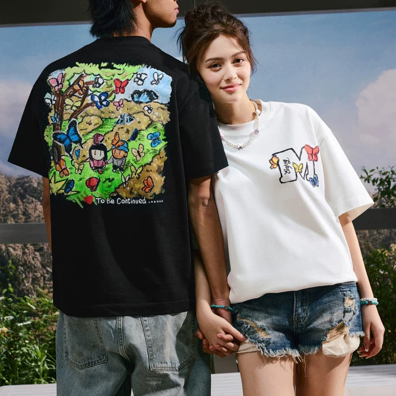 MEDMxNewsus collaboration butterfly garden walking short sleeved T-shirt for both men and women, summer trendy brand couple outfit T-shirt