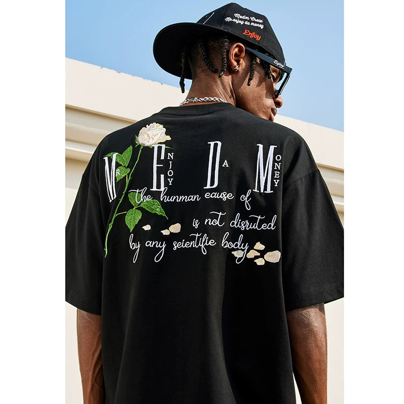 Hou Minghao's Rose 3D Embroidered Short Sleeve T-shirt MEDM American Street Loose Edition Cotton Short Sleeve