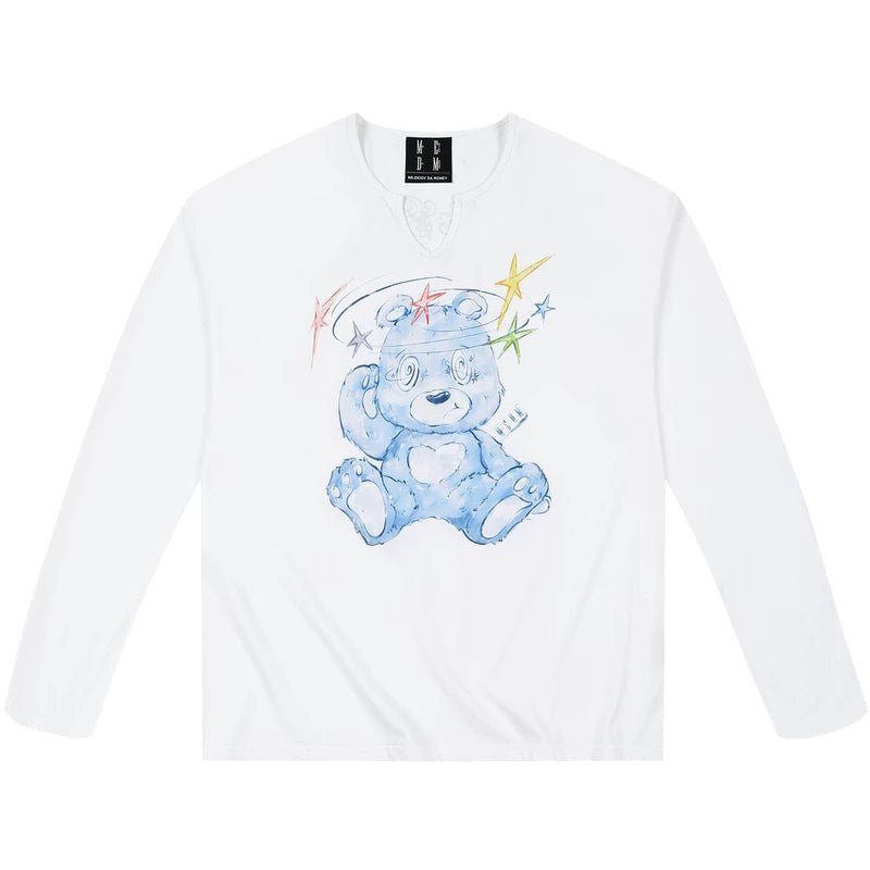 MEDM Dazzling Bear Printed V-neck Casual Long sleeved T-shirt Trendy Commuting Breathable Loose Couple Top Spring and Autumn