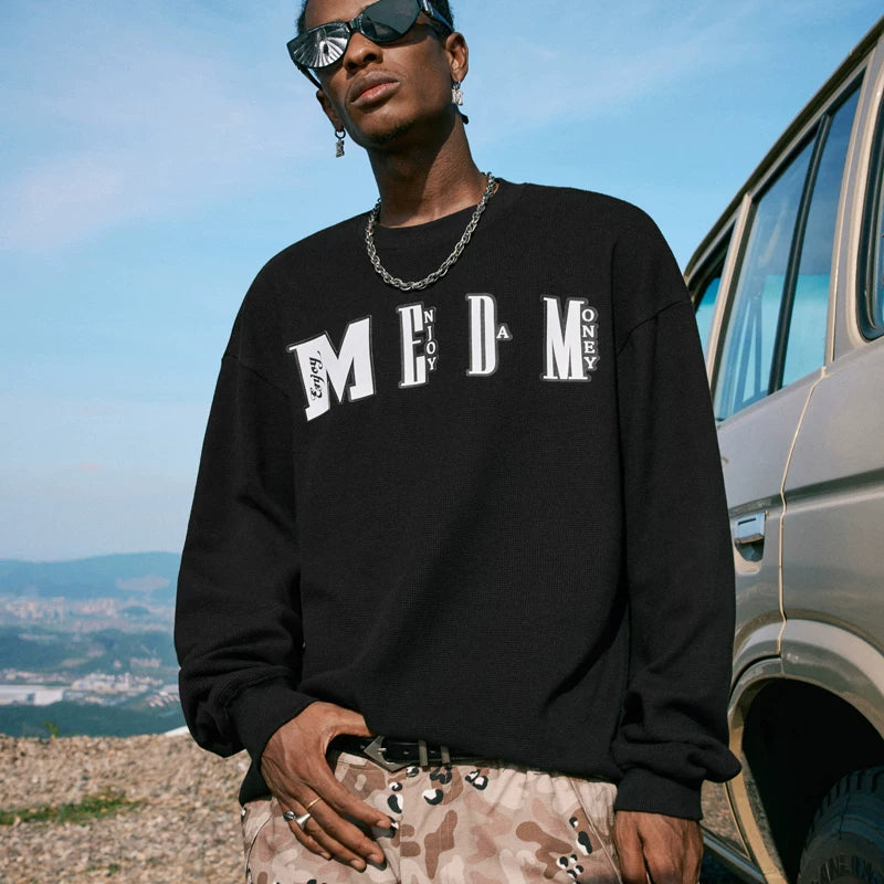 MEDM Waffle round neck sweatshirt for men in autumn, new American fashion brand retro loose fit, versatile for couples, casual long sleeved