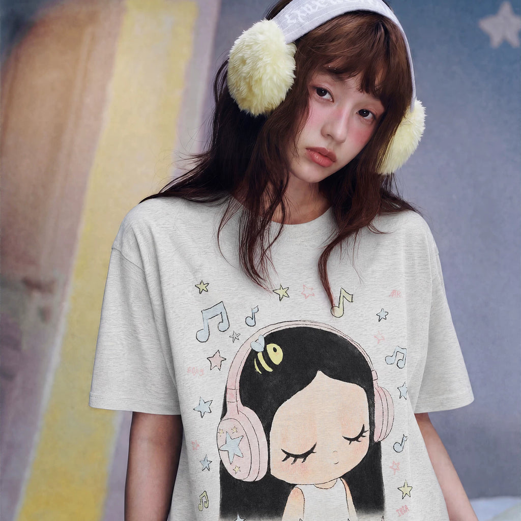 MEDM x Iria mailbox collaboration to enjoy music printed logo casual mini short sleeved round neck loose T-shirt
