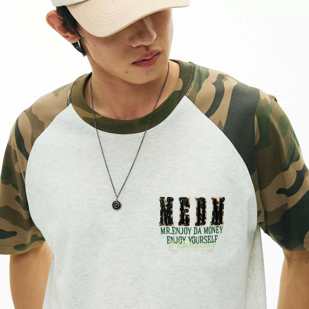 MEDM 冚 Car line raglan sleeves leopard print leather casual short sleeves American retro contrasting shoulder loose men's and women's T-shirts