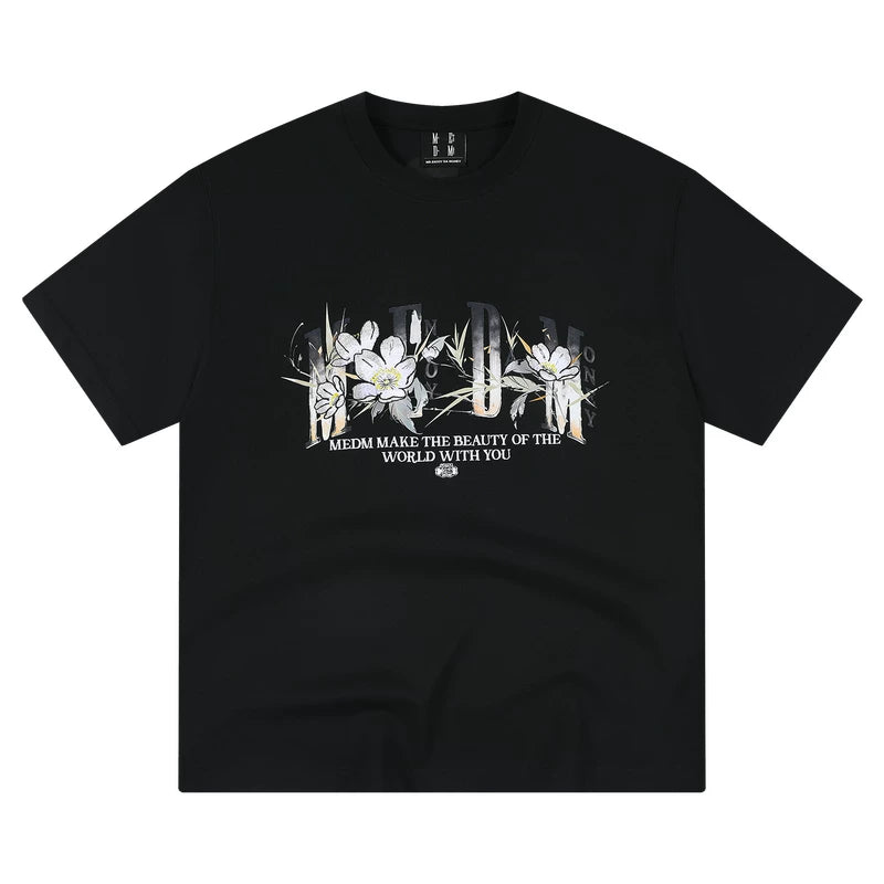 MEDM Ink Flower Embroidery Letter Printing Casual Round Neck T-shirt Chinese Style Commuter Loose Round Neck Couple Short Sleeve