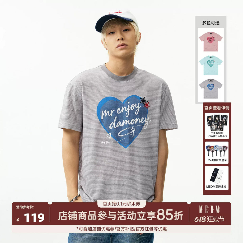 MEDM slim striped heart-shaped graffiti contrasting loose short sleeved trendy letter slim fit sweet cool slightly wide casual T-shirt