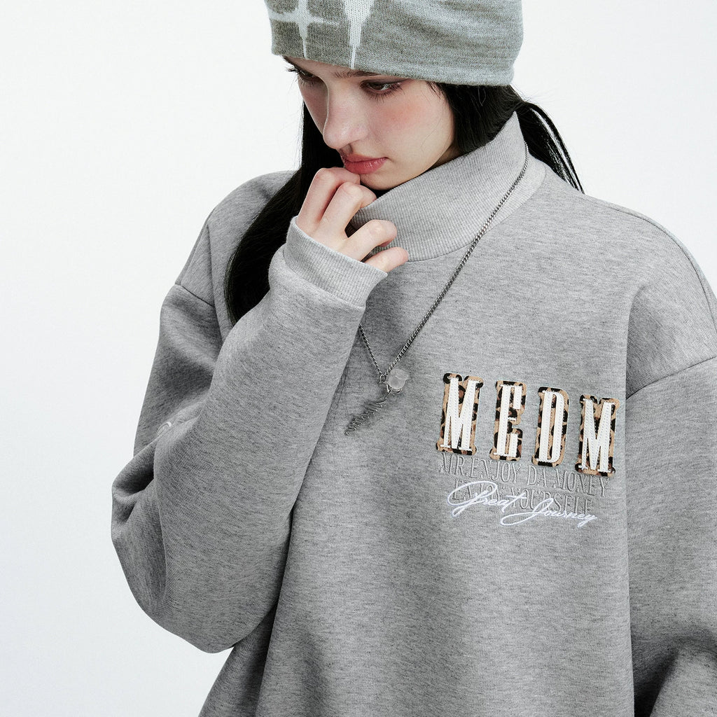 MEDM stand up collar double-layer patchwork logo casual half high collar sweatshirt American versatile men's and women's versatile loose top
