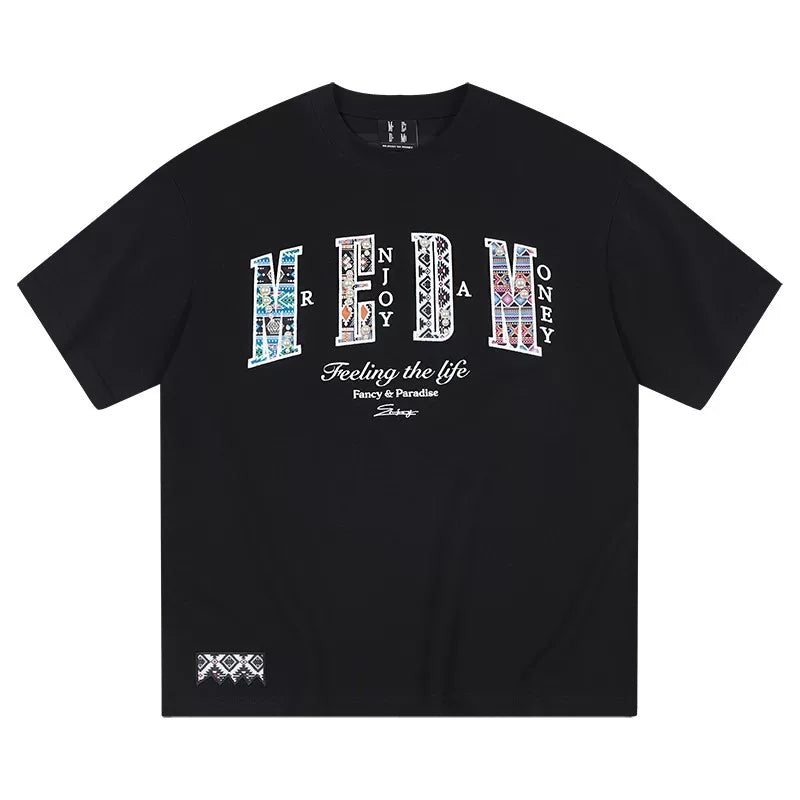 MEDM26SS pearl ethnic style design short sleeved unisex half sleeved tee round neck summer trendy T-shirt top