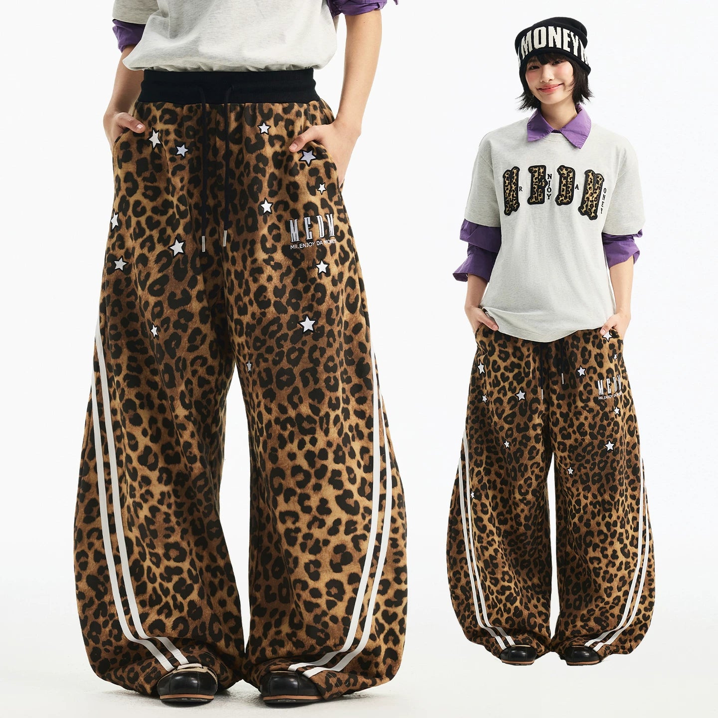 MEDM classic leopard print bar casual curved knife sweatpants embroidered with stars fashion personality men's and women's casual pants