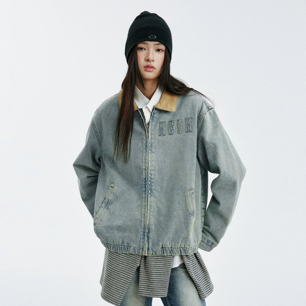 MEDM minimalist denim patchwork corduroy casual jacket for autumn and winter, washed and worn blue men's and women's collar jacket