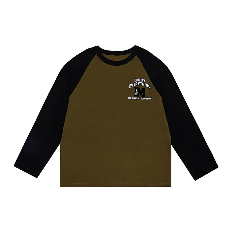 MEDM fashion brand basic color blocking electrostatic flocking long sleeved T-shirt for men's autumn hip-hop raglan sleeve T-shirt base