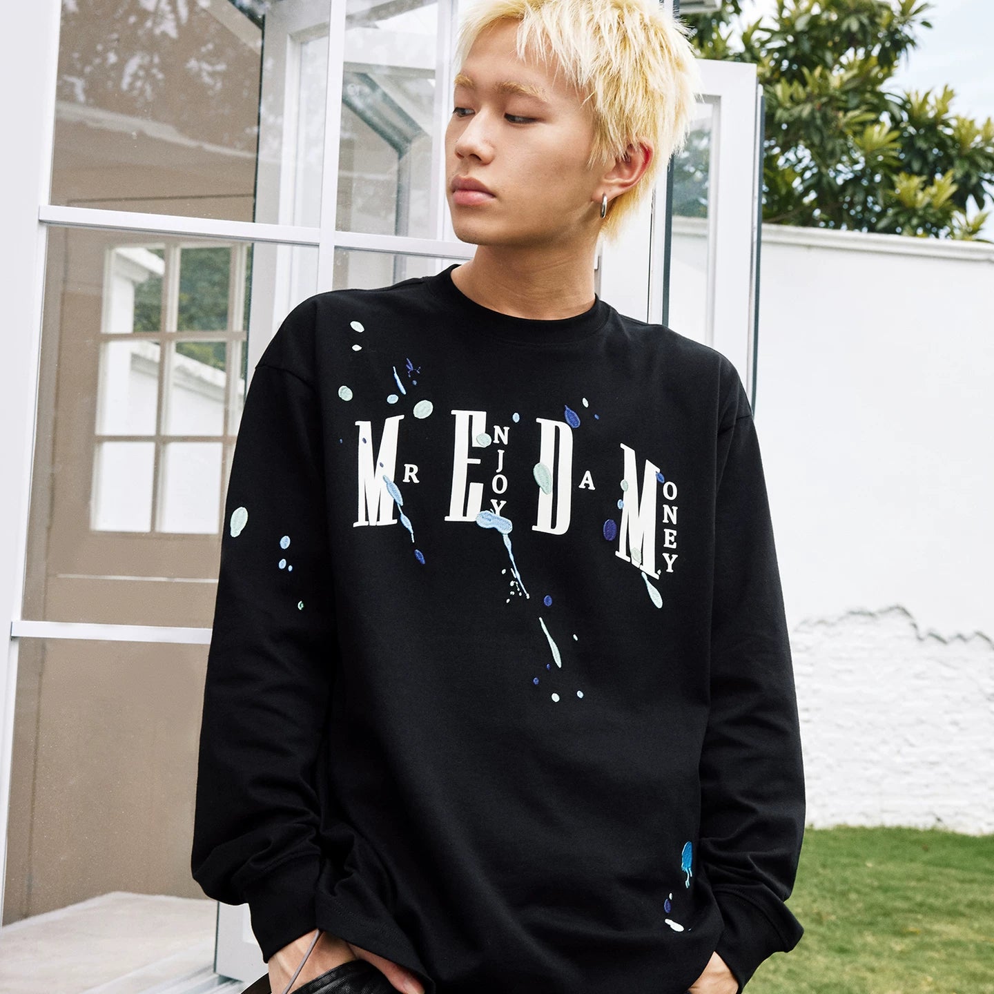 MEDM paint splatter embroidery print casual round neck long sleeved T-shirt American versatile breathable comfortable couple top