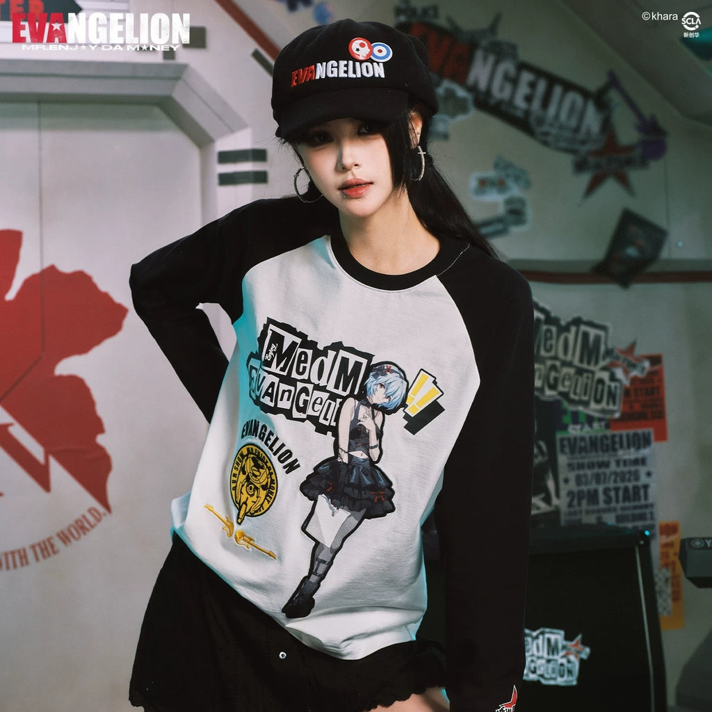 MEDMxEVA NEVER END series character layout with shoulder sleeves, round neck, long sleeved T-shirt, casual patchwork top