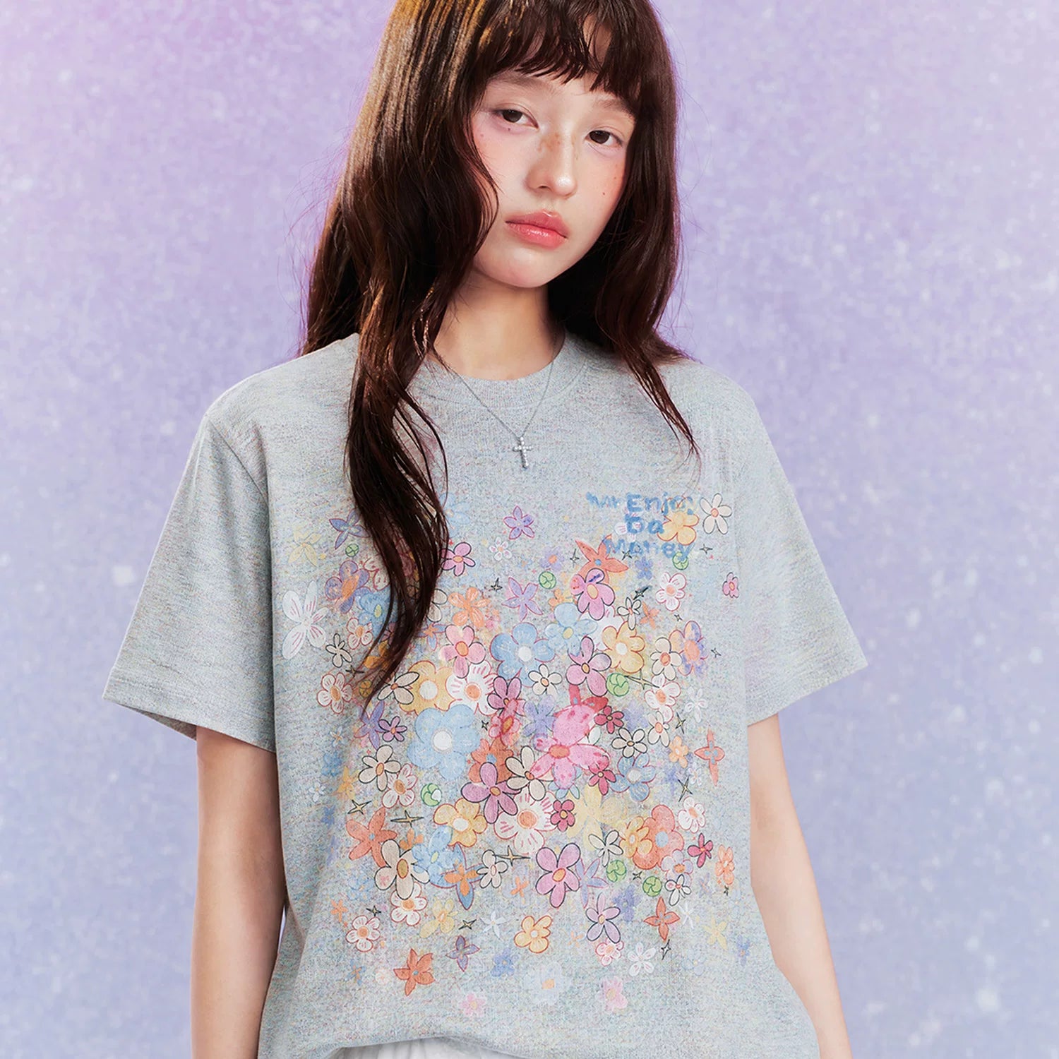 MEDM Dream Illusion Bubble Full Print Flower Sea Dream Sleep Manga Flower Printed Colorful Yarn Casual Short Sleeve Loose Round Neck T-shirt