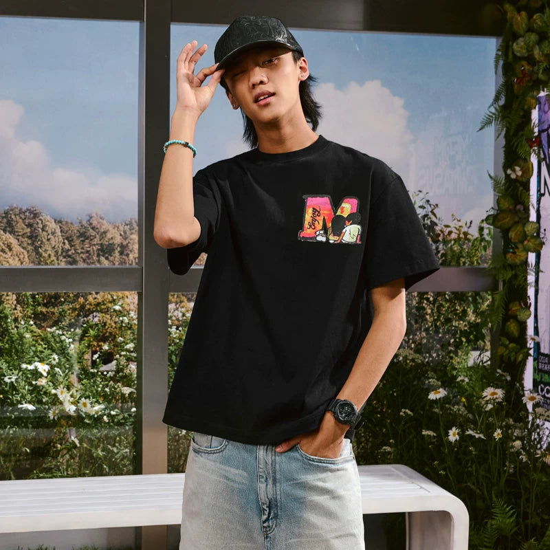 MEDMxNewsus collaboration seaside sunset print short sleeved T-shirt for men and women in summer, loose five quarter sleeves for couples