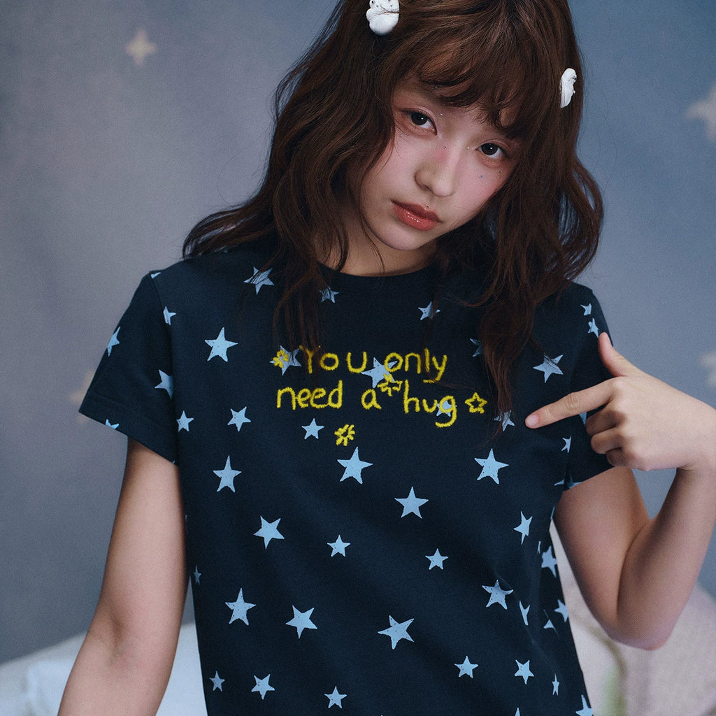 MEDM × Iria's mailbox co branded slogan is full of stars, casual round neck short sleeved cute embroidered T-shirt, women's summer
