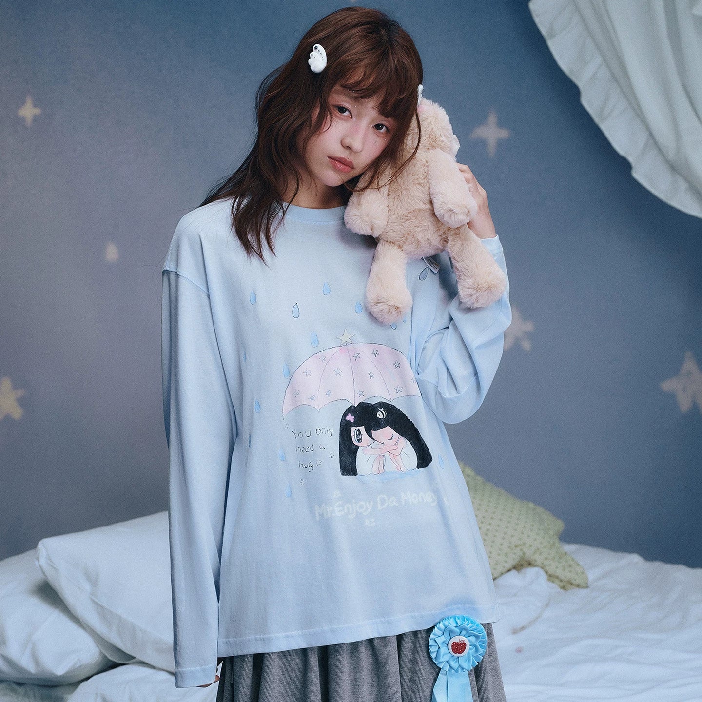 MEDM x Iria mailbox collaboration raindrop digital printing embroidery long sleeved cover shirt casual round neck top summer