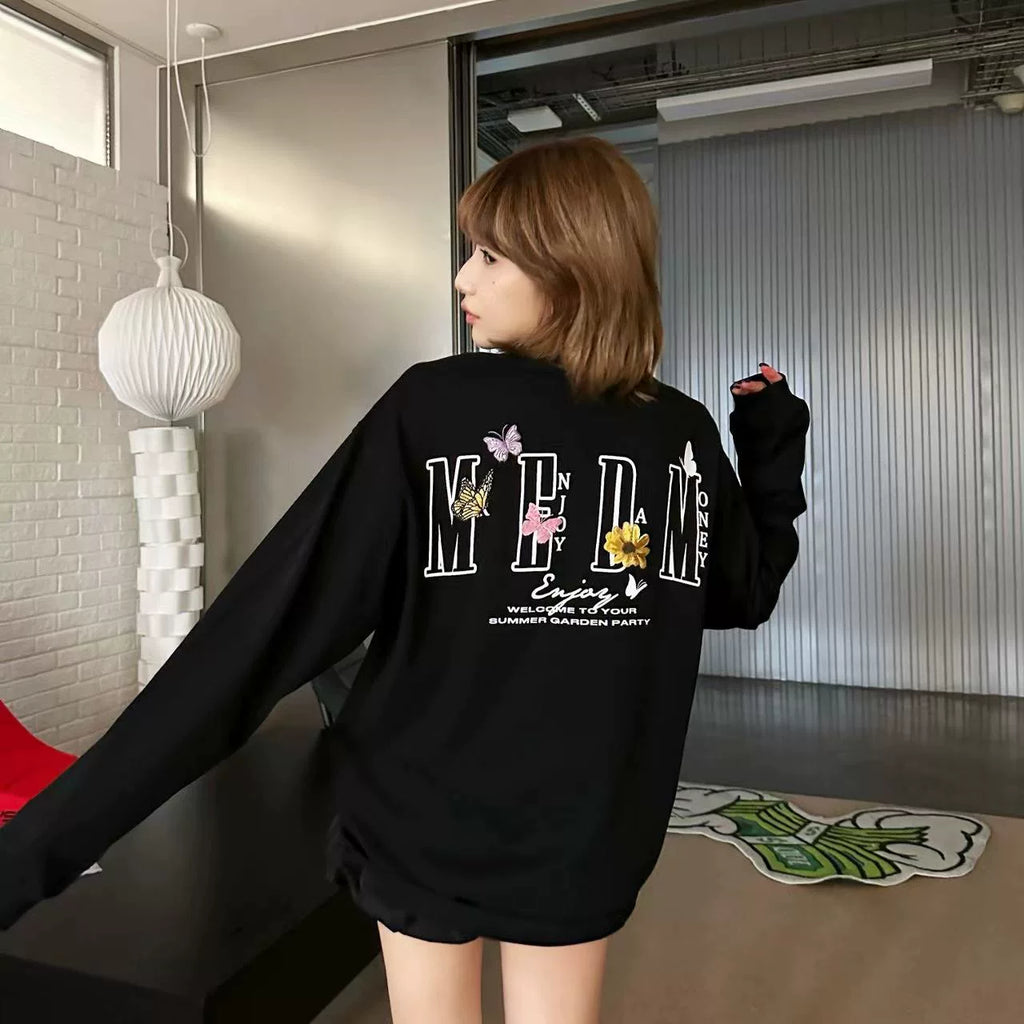 MEDM26SS Butterfly Garden Embroidered Long Sleeve T-shirt for Men and Women, Loose Spring and Autumn Dress, T-shirt, Bottom Coat