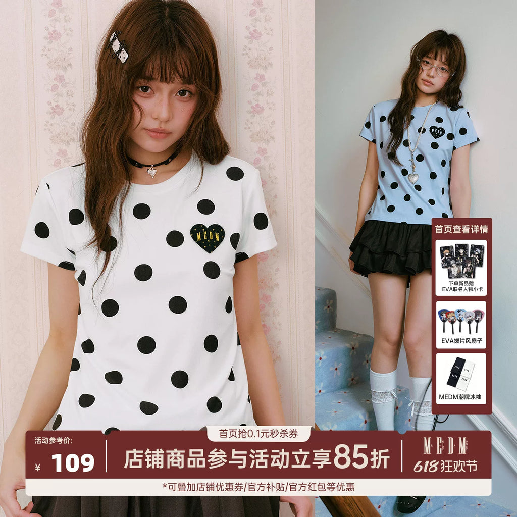 MEDM full print retro polka dot casual round neck short sleeved trendy love toothbrush embroidered logo loose T-shirt for women