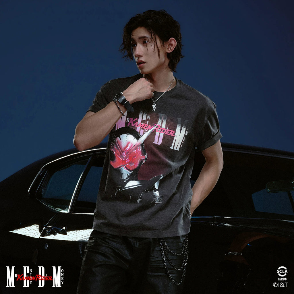 MEDMx Kamen Rider Collaboration - Half body Printed Cotton Washed Outdated Casual Short Sleeve Men's Round Neck T-shirt