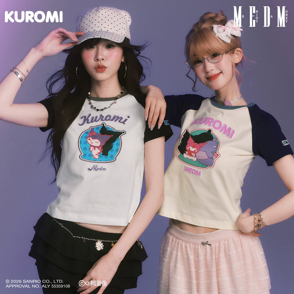MEDM × Sanrio Family Series Color blocked Cool Lomi Pattern Printed Shoulder Short Sleeve Cute Sweet Girl T-shirt Female