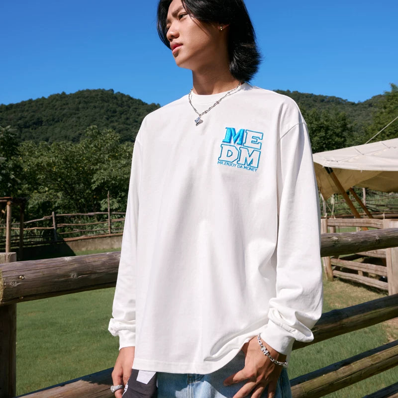 MEDM Emblem Embroidered Alphabet Basic Long Sleeve T-shirt Spring and Autumn Round Neck Loose Spring and Autumn Versatile Couple Trendy Tee