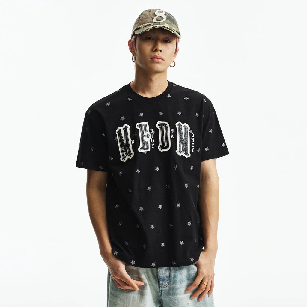 MEDM Sparkling Pink Little Star Full Print Double layer Leather Patch Embroidered Casual Round Neck Short Sleeve Washed Outdated Broken Hole T-shirt