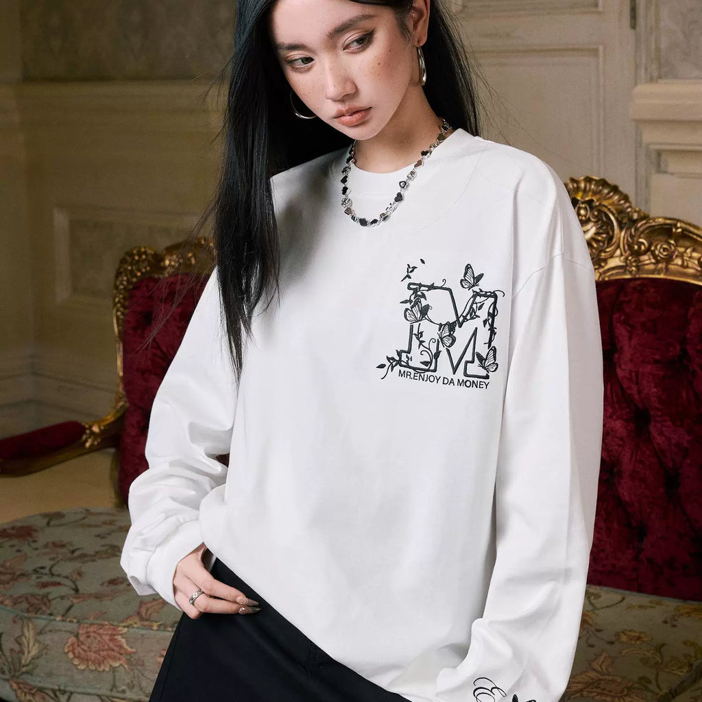 MEDM Big M Butterfly Vine Embroidered Long Sleeve T-shirt for Men in Spring and Autumn, American Retro Round Neck Loose Casual T-shirt Trendy