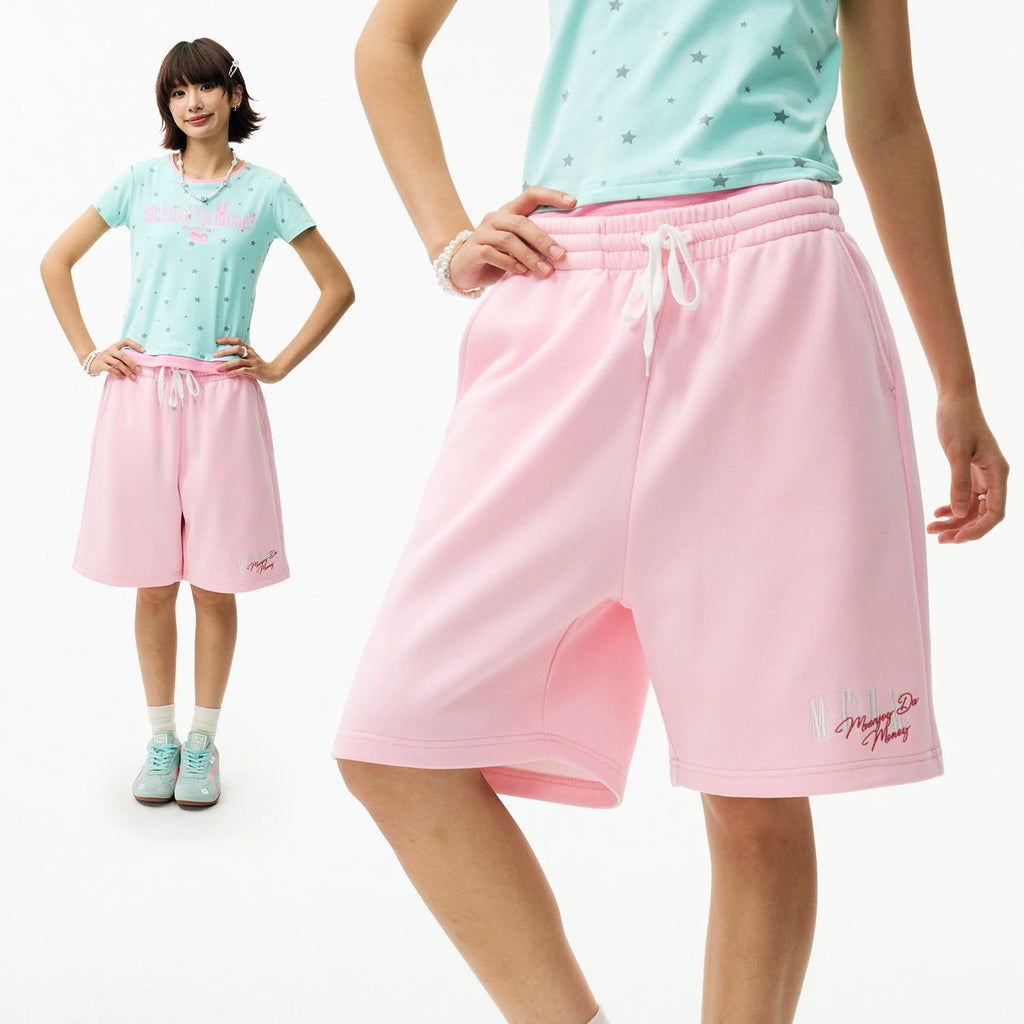 MEDM Color Basic Versatile Logo Embroidered Loose Shorts Trendy Men's and Women's Simple Drawstring Casual Pants Summer