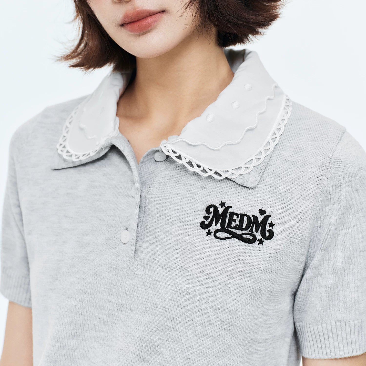 MEDM detachable lace collar casual knitted polo shirt simple and versatile sweet cool style loose short sleeved summer women