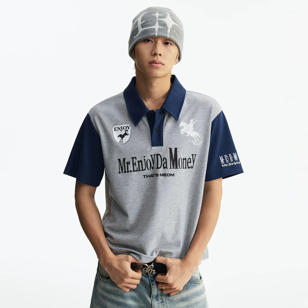 MEDM Mustang Step Star Embroidered Casual Polo Short Sleeve Street Loose Personalized Contrast Splicing Collar Top Summer