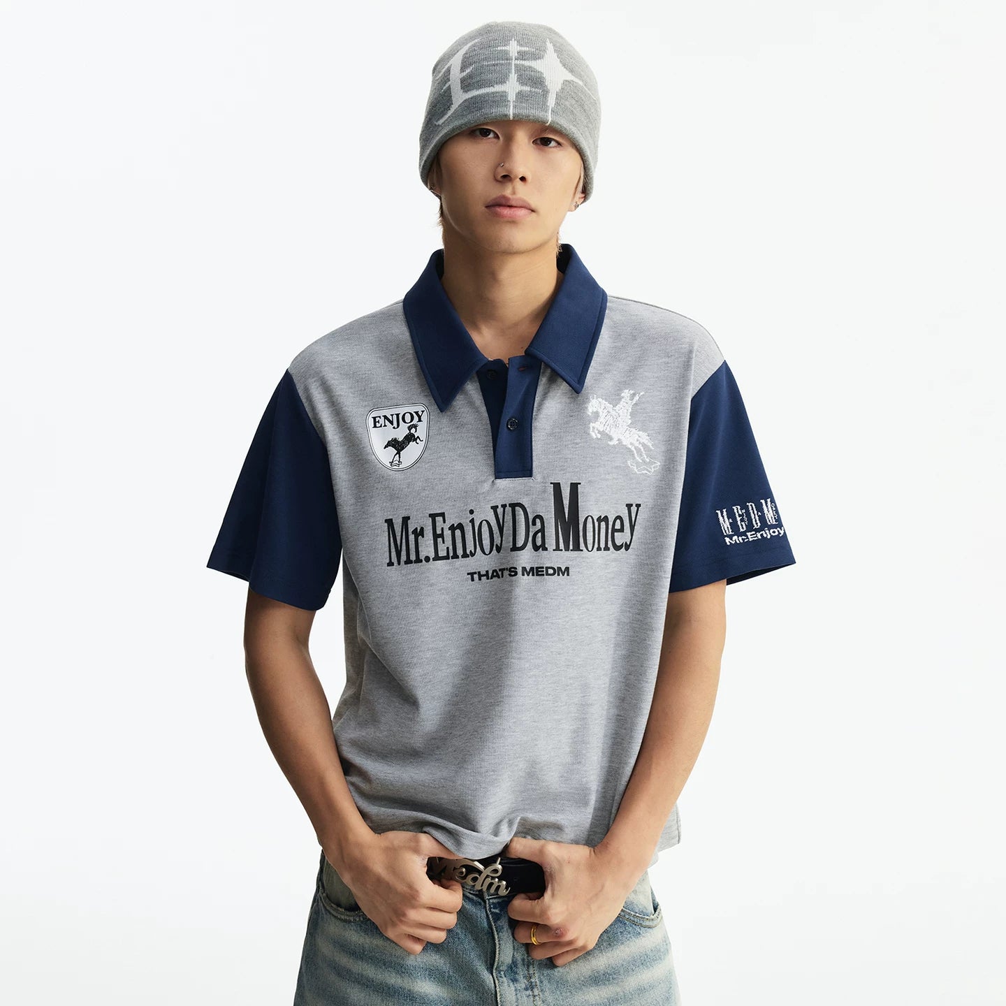 MEDM Mustang Step Star Embroidered Casual Polo Short Sleeve Street Loose Personalized Contrast Splicing Collar Top Summer