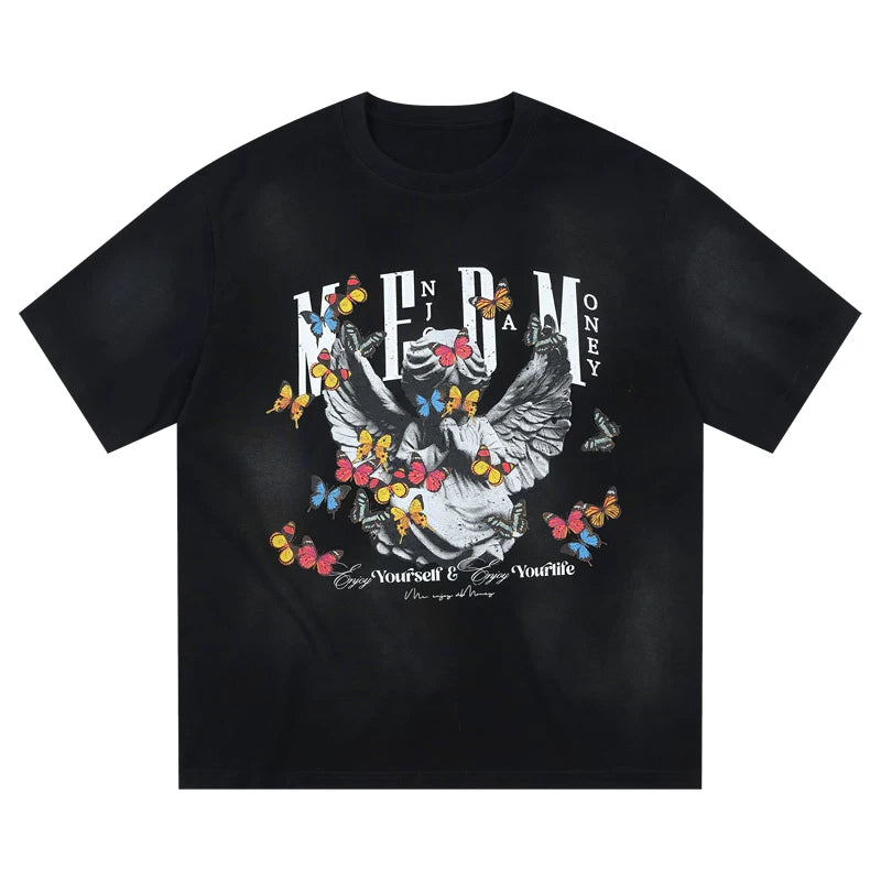 MEDM Angel Butterfly Wash Short Sleeve Casual Round Neck T-shirt for Men and Women Summer American Hip Hop Trendy Brand T-shirt Tee