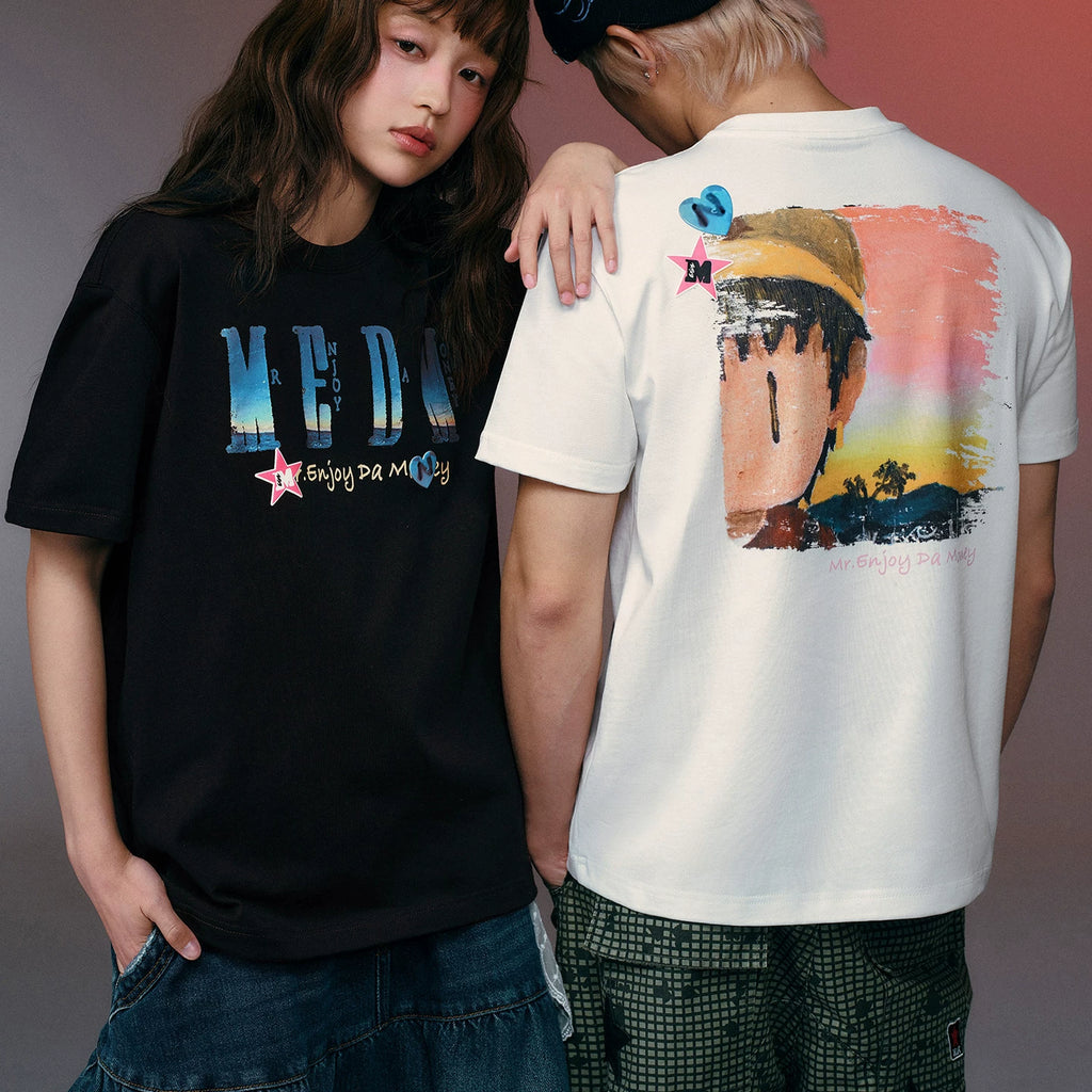 MEDMxNEWMASUS collaboration landscape selfie photo print casual couple short sleeved loose round neck T-shirt trendy