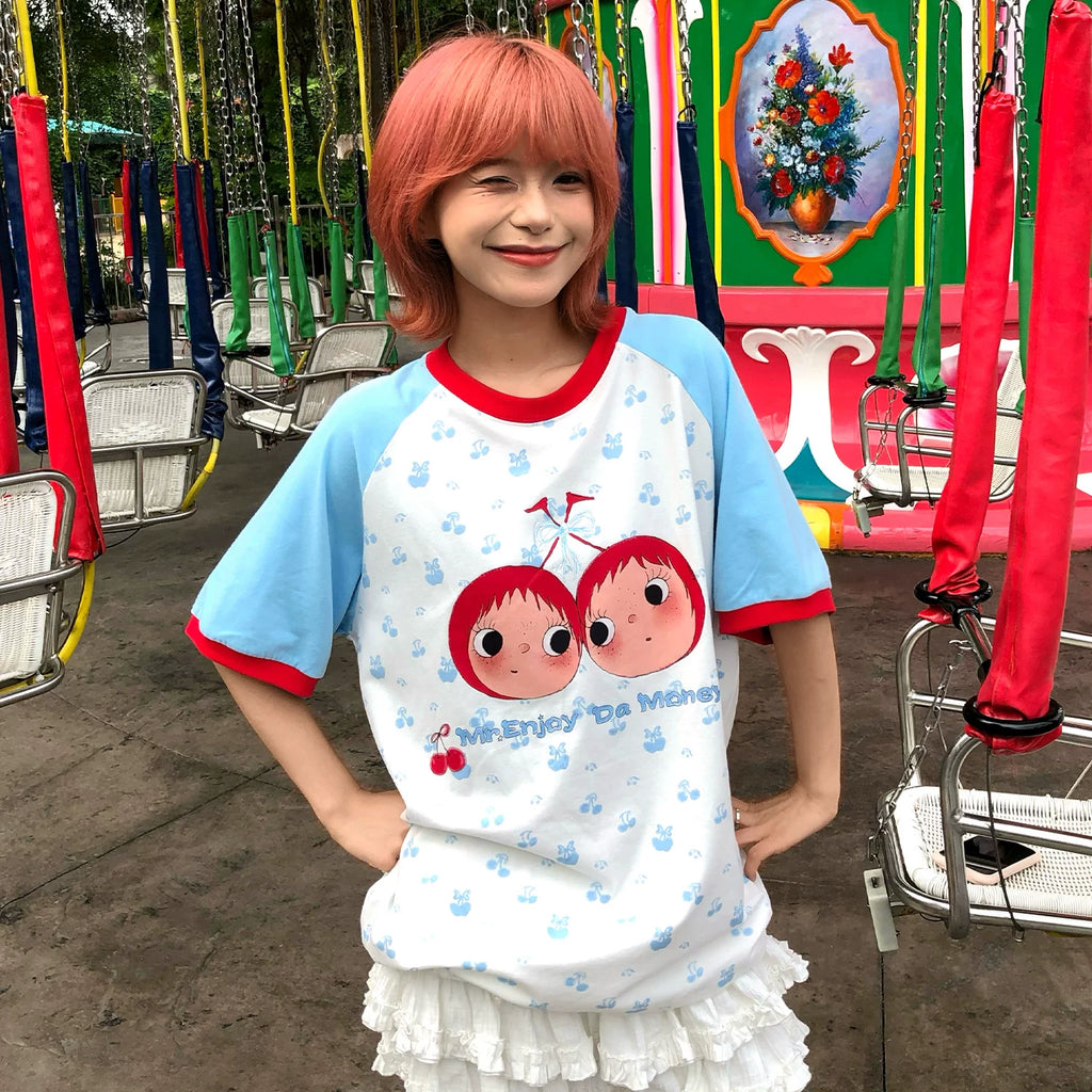 MEDM × YUY Jade Collaboration - Cherry Small Edition Shoulder Insertion Full Print Color Contrasting Casual Round Neck Short Sleeve Trendy Couple T-shirt