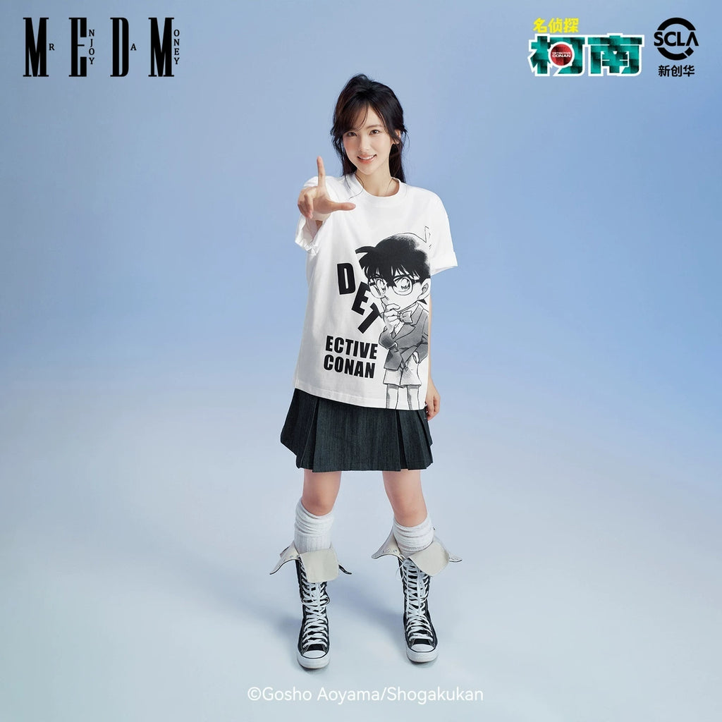 MEDMx Detective Conan co branded black and white anime portrait print casual short sleeved basic versatile couple T-shirt
