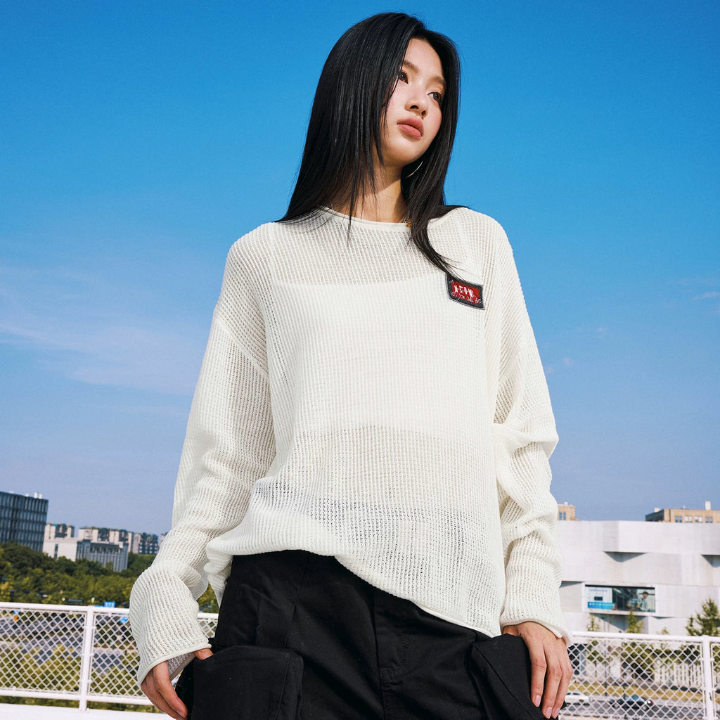 MEDM solid color towel embroidered logo pullover casual round neck mesh shirt 2025 new long sleeved loose knit shirt top for autumn