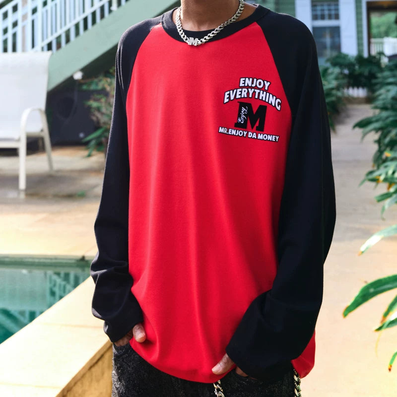 MEDM fashion brand basic color blocking electrostatic flocking long sleeved T-shirt for men's autumn hip-hop raglan sleeve T-shirt base
