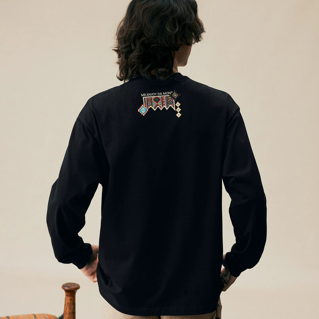 MEDM2025 new product ethnic style small fragrance patch fabric casual long sleeved T-shirt pure cotton round neck couple base shirt top