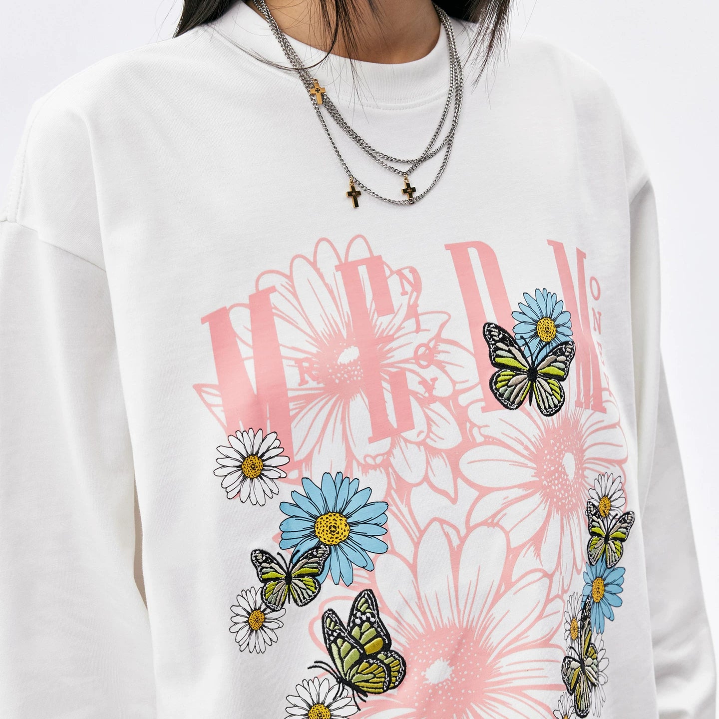 MEDM New Product Letter Color Flower Printed Round Neck Casual Long Sleeve T-shirt Trendy Brand Street Versatile Loose Couple Top