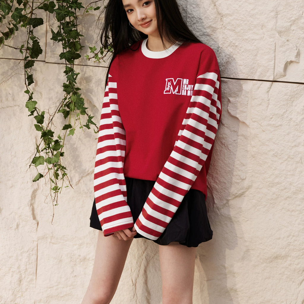 MEDM American retro long sleeved T-shirt with contrasting collar, trendy top for both men and women, loose T-shirt for spring 2025, new T-shirt for youth and fashion, spliced T-shirt