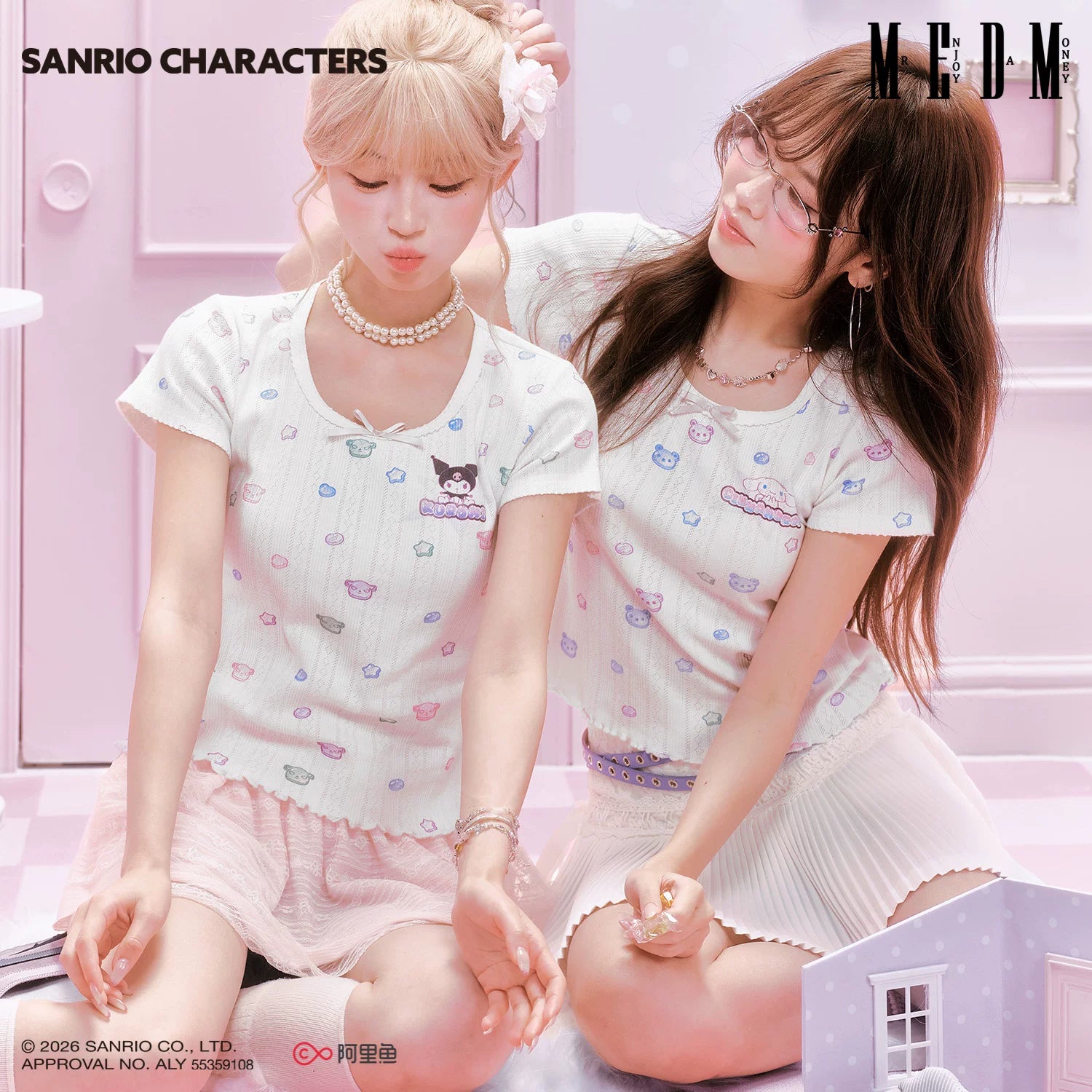 MEDM × Sanrio Family Series Small Fragrant Style Candy Printed Knitted Short Sleeve Cute Sweet Girl Casual T-shirt for Women