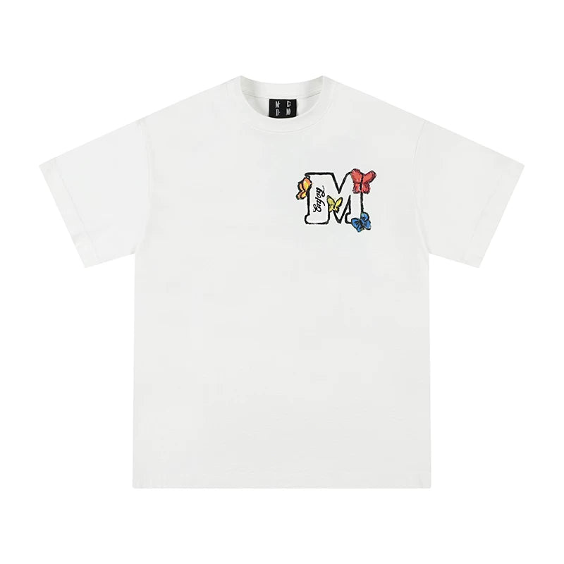MEDMxNewsus collaboration butterfly garden walking short sleeved T-shirt for both men and women, summer trendy brand couple outfit T-shirt