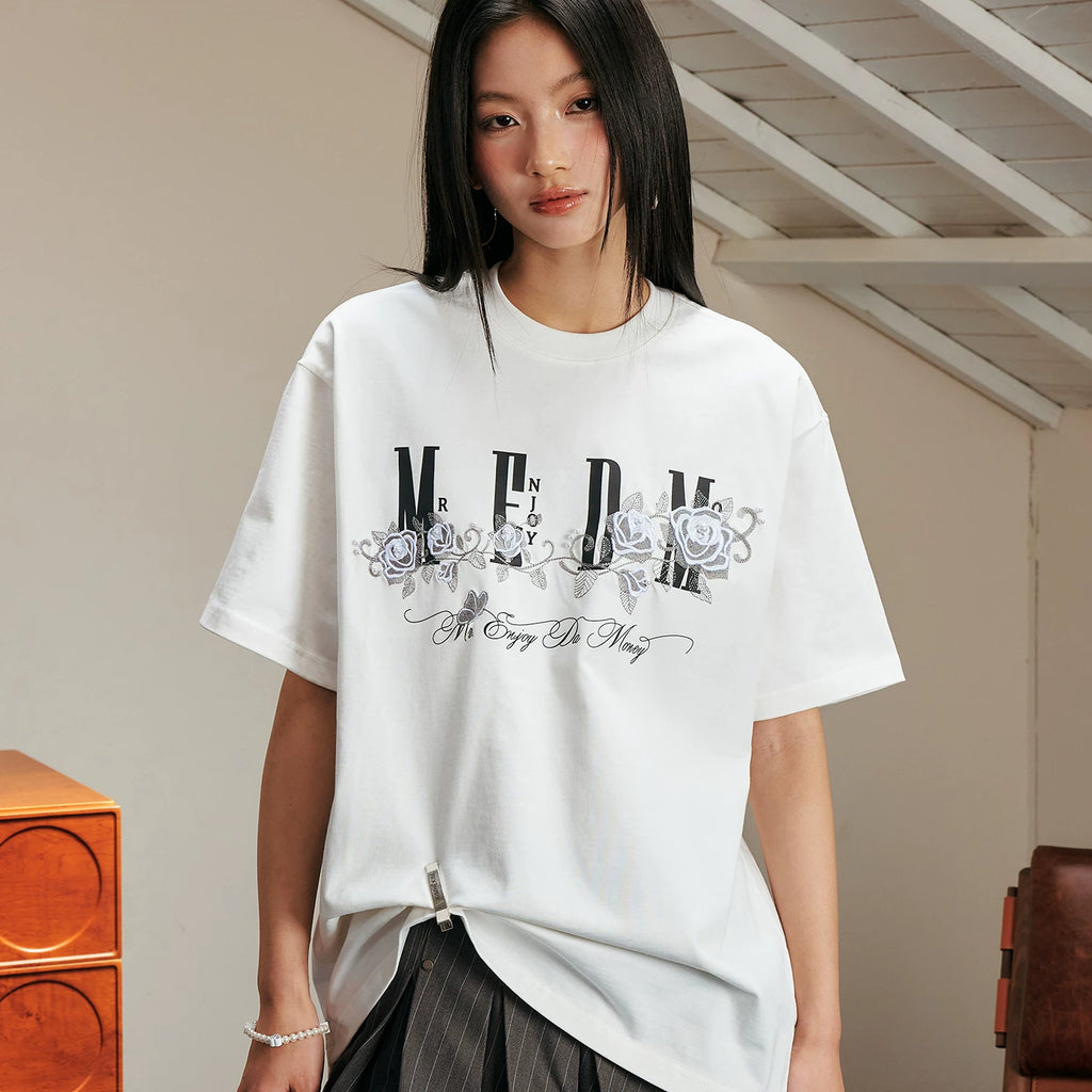 MEDM26SS Ice Rose Embroidered Nail Bead Printed LOGO Short sleeved Men's T-shirt American Retro Summer Top Trendy