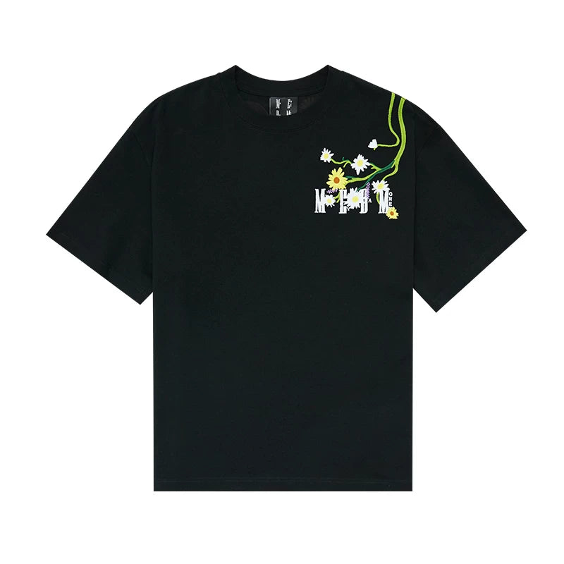 MEDM Wall Climbing Flower Daisy Embroidery Short Sleeve T-shirt for Men's Summer Trendy Brand American Hip Hop Loose Casual T-shirt