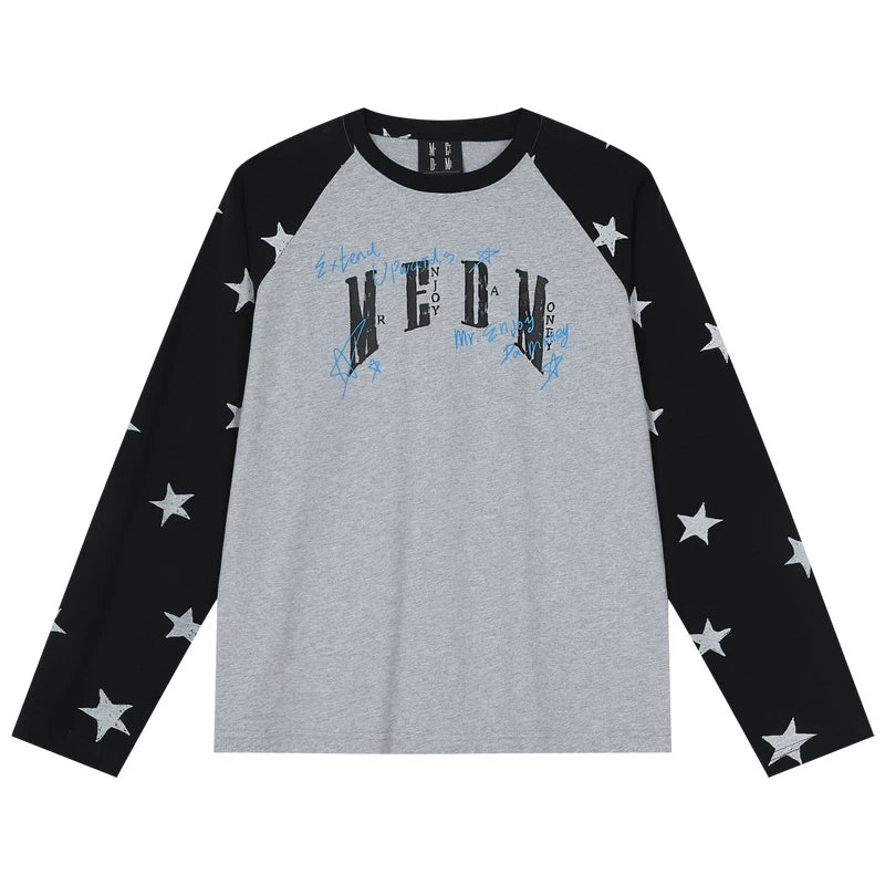 MEDM Handwritten Graffiti Printed Stars Full Print Casual Shoulder Long Sleeve T-shirt Trendy Unisex Loose Top