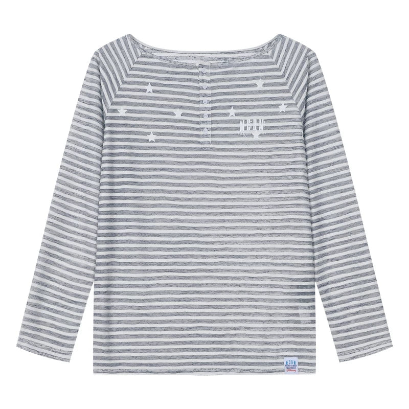 MEDM diagonal shoulder striped star casual lazy long sleeved T-shirt summer lightweight mesh breathable simple top for women